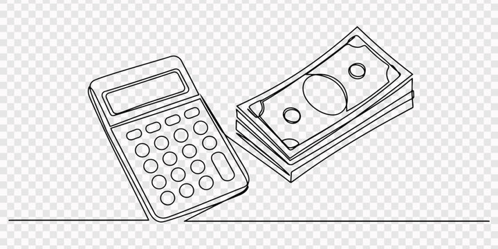 calculator and euros banknotes, new year finance, money and budget concept continuous one line drawing, transparent background, Continuous line drawing of a calculator and money, rendered in a minimal