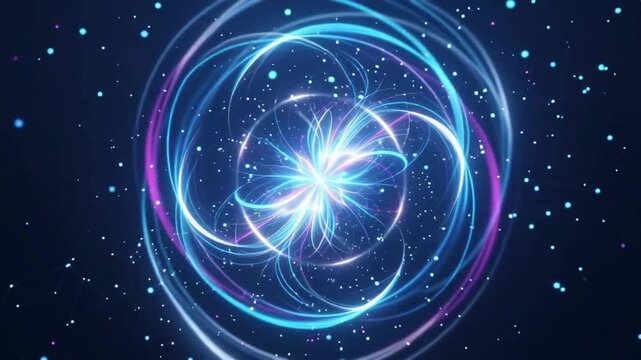 Abstract quantum computing and AI core energy loop background. Motion graphics of glowing particle fusion and neon light trails animation.