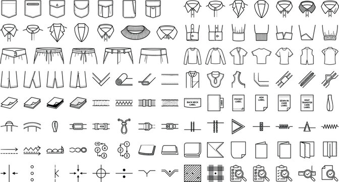 Set of comprehensive fashion design and garment manufacturing technical icons for apparel pattern making