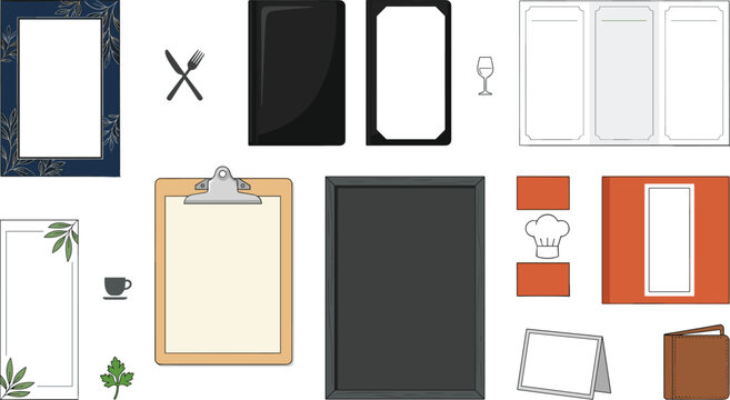 Restaurant Branding Mockup Collection with Menu Covers Clipboard Table Tent Frames Food Labels and Hospitality Stationery Templates Vector Set