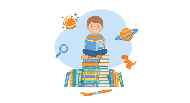 Curious Child Reading: A young boy sits atop a stack of books, engrossed in reading, surrounded by whimsical icons representing space, dinosaurs, and exploration.