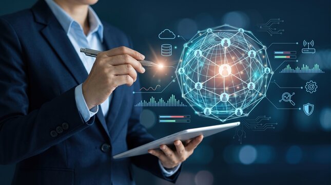 Businessman analyzing global network connections on tablet device, big data analytics and cloud computing concept with digital icons representing security, storage and communica...