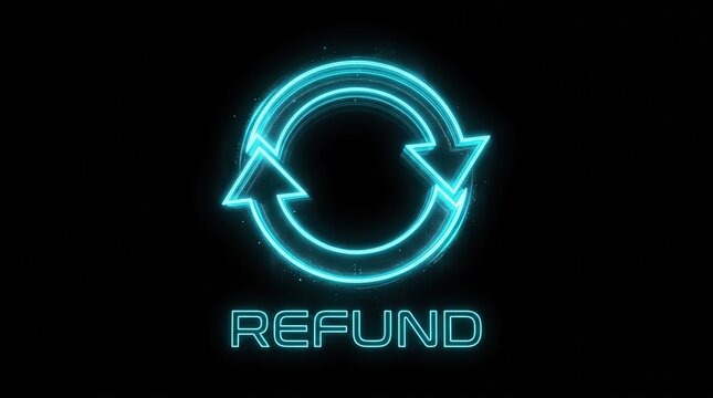 Neon Refund Icon with Arrows. Digital Money Back Guarantee Symbol. E-commerce Return Policy Concept.