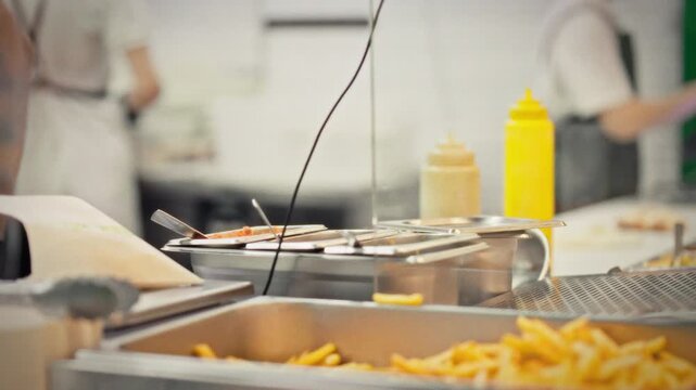 A team of fast-food restaurant cooks prepares orders for delivery to customers. The workflow during food preparation at a fast-food restaurant, with prepared vegetable ingredients in the background