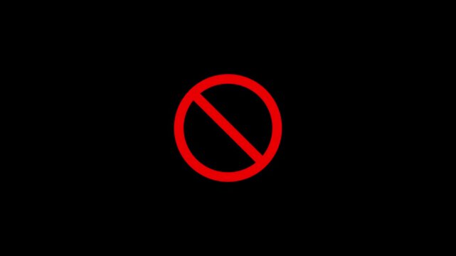 Warning, stop or no entry forbidden red circle on black background. Animation of delete, denied, ban or block icon,4k quality animation .