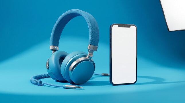 A high-end 3D product mockup featuring a pair of cyan-blue over-ear headphones 