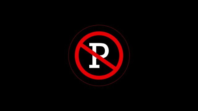 Red circle no parking sign animation . White P symbol represents restricted parking areas in urban environments. Animated no parking symbol for city traffic control in, 4k quality animation video.