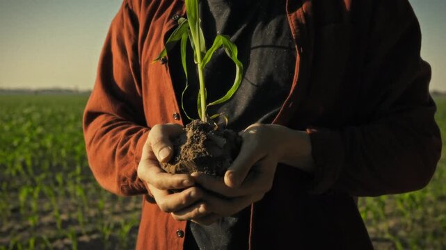 A young farmer in an open field in the evening holding a sprouted corn seedling. The concept of agribusiness, crop production, and the next generation in agriculture