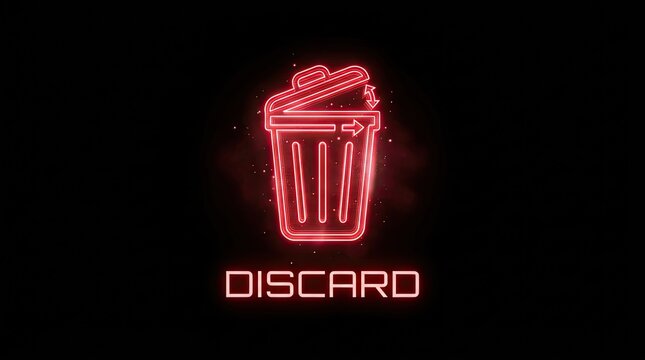 Glowing red neon delete icon. Futuristic trash can symbol with discard text for a web