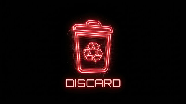 Futuristic red neon discard sign with a glowing trash can and recycle symbol icon.