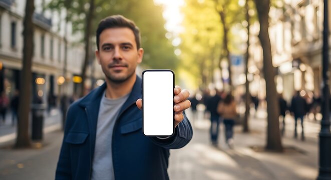 Man in city street holding smartphone, blank screen. Blurred background of people & trees