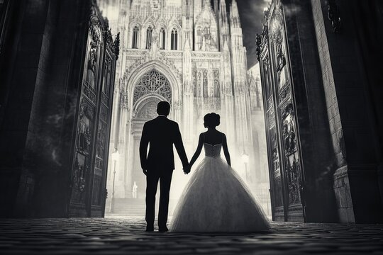 Bride and groom silhouette in cathedral entrance, black and white wedding scene with gothic architecture