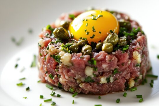 Raw beef tartare with egg yolk, caper, and chive on white plate