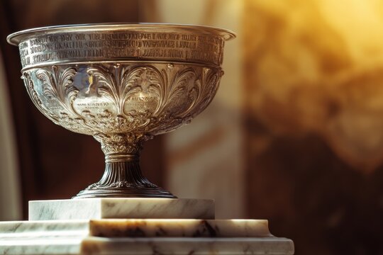 Silver trophy cup ornate engraving marble pedestal warm light close up metal award ceremonial vessel vintage style