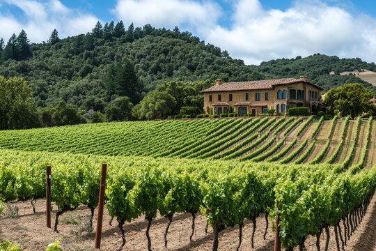 Vineyard with rolling hills and stone house, green grapevine rows in sunny countryside landscape