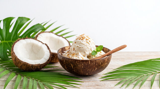 scoop of coconut ice cream in a natural bowl with fresh coconut and tropical leaves