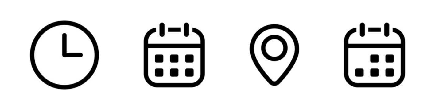 Time address and date icon set vector. Clock location and calendar icons collection for event calendar reminder business or meeting schedule
