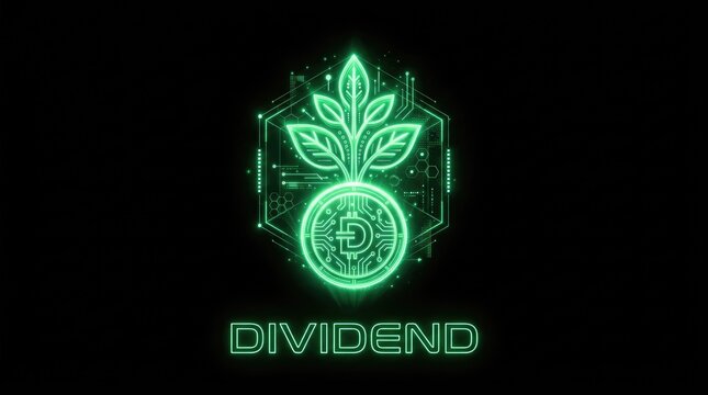 Crypto dividend investment growth concept with a glowing futuristic neon Dogecoin plant icon.
