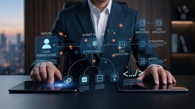 Businessman using AI agent system with holographic interface, data processing, user permissions, integrations and reports on tablet in modern office environment for technology c...