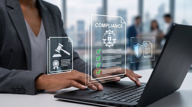 Business professional working on laptop with compliance checklist hologram, legal regulations and data security protection concept for corporate governance.
