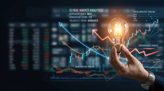 Hand holding light bulb with global market analytics charts, financial trading trends and investment strategy growth concept against digital background.