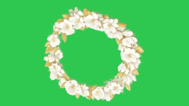 Elegant White Floral Wreath Animation on Green Screen | Luxury Wedding Flower Frame 4K