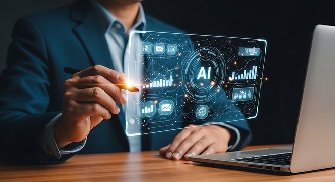 Man in suit interacts with a transparent digital screen displaying AI data visualizations