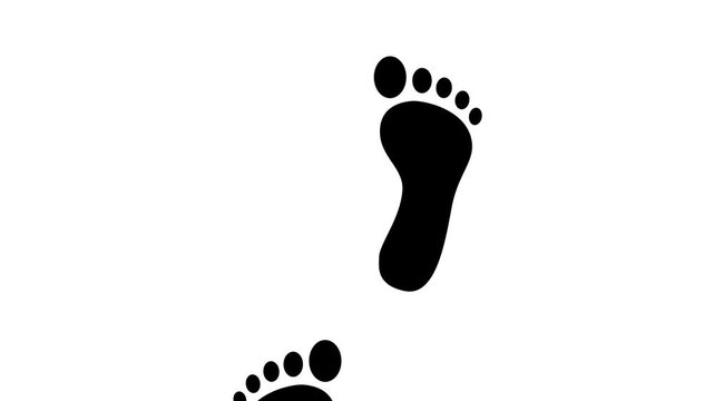 Minimalist Black Human Footprint Silhouette Walking Animation, Two Bare Feet Steps Tracking Path Motion Graphic Seamless Loop on White Background