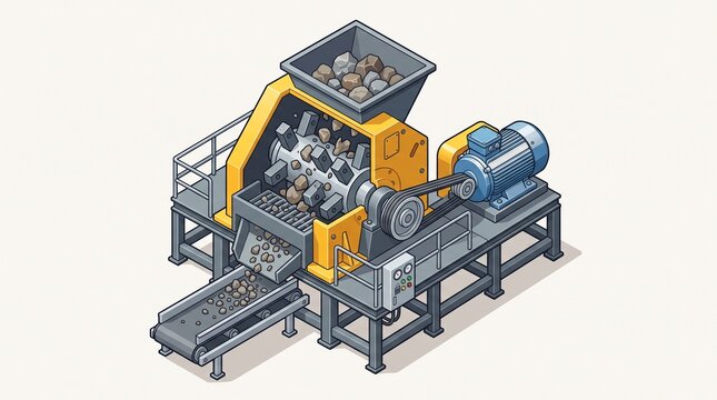 *Industrial rock crusher machine with hopper, motor, and conveyor belt. Crushing rocks into smaller pieces.*