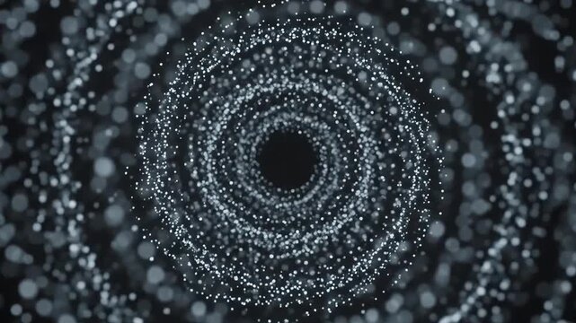 Abstract spiral tunnel of glowing white particles on black background