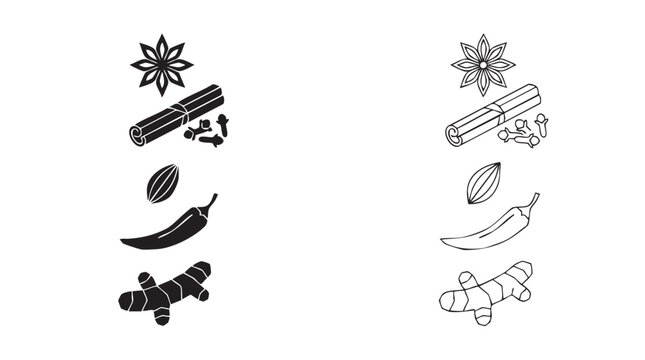 silhouette with line art vector icon of geometric spice set concept