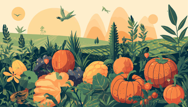 A vibrant illustration of a bountiful harvest featuring pumpkins, gourds, and various vegetables in a lush field under a warm, stylized sun.