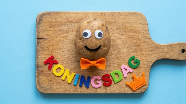 Potato with googly eyes and orange bow tie for koningsdag