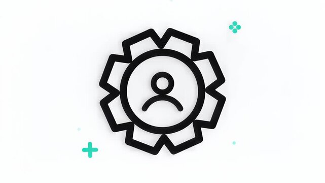 Minimalist user profile icon inside a gear-shaped frame with green plus and cross symbols, seamless loop animation, symbolizing user management and settings in modern digital interfaces