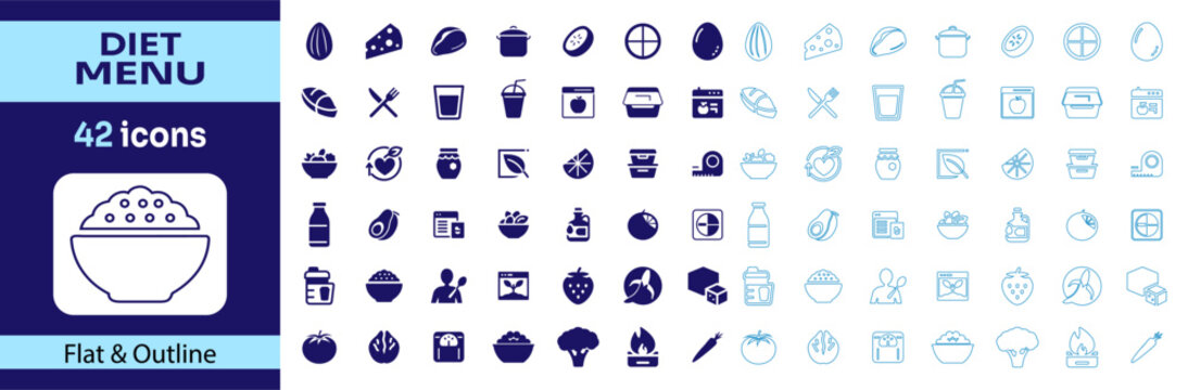 Diet  flat and outline icon collection featuring salad bowl, calorie counter, nutritionist, avocado, healthy heart, smoothie, and bathroom scale symbols.