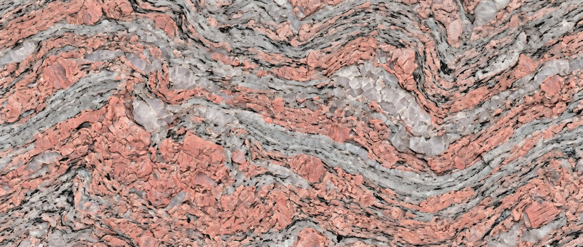 Pink granite surface featuring swirling natural patterns with contrasting grey veins and fine black mineral speckles throughout