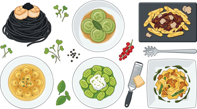International Pasta Dishes Collection with Squid Ink Spaghetti, Spinach Ravioli, Poutine, Tortellini Soup, Gnocchi, Truffle Pasta, and Gourmet Italian Cuisine Vector Illustration