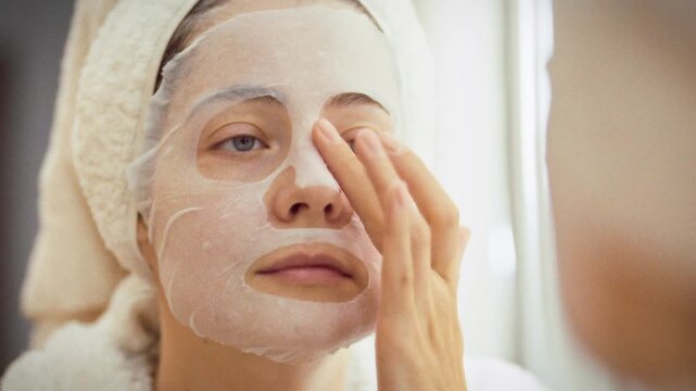 As part of her daily skin-care ritual, woman in white robe with towel on her head smooths aloe vera sheet mask onto her face before bathroom mirror, delivering intensive moisturizing and nourishment