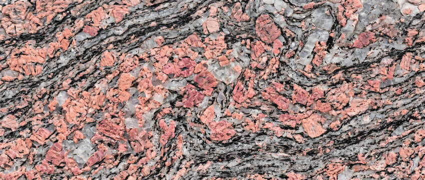 Rose granite surface featuring dense natural crystal patterns with contrasting grey veins and fine black mineral streaks throughout
