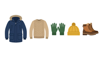 Set of winter clothing and accessories on a white background. © IFFA