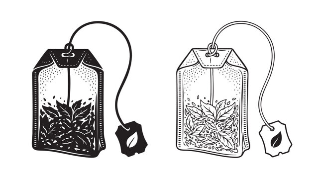 tea bag silhouette with line art vector icon featuring drink, beverage, herbal