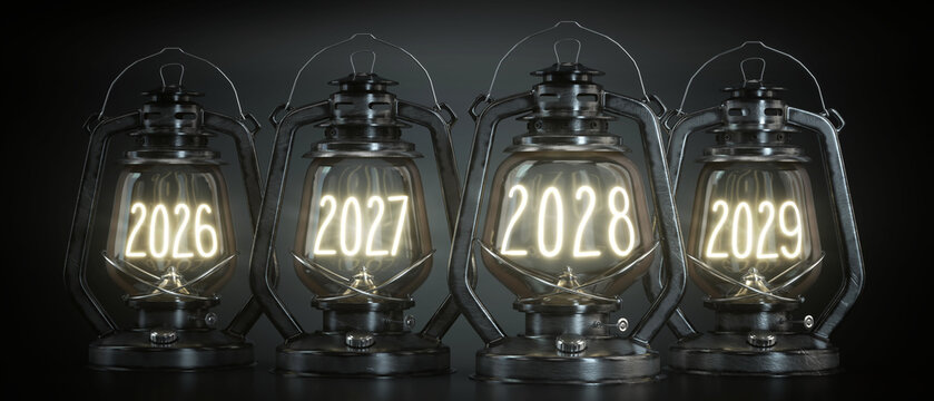 2026, 2027, 2028, 2029 - Vintage Kerosene Lanterns - 3d illustration