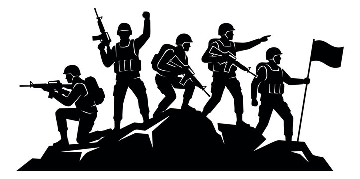 Silhouette illustration of military squad depicting armed soldiers on rocky terrain with flag for defense and war design