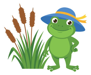 Fototapeta premium Cartoon illustration of a cheerful green frog wearing a blue hat depicting a smiling amphibian standing beside cattail reeds for nature and children design