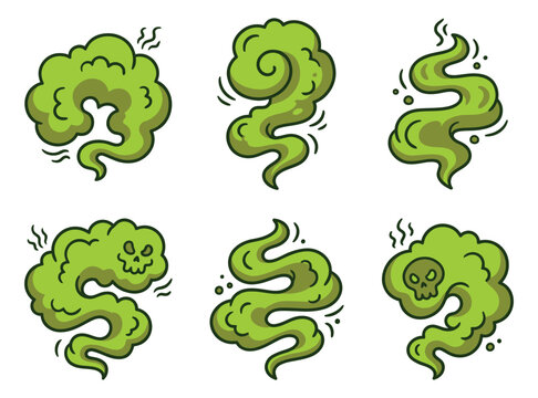 Cartoon icon set of 6 bad smell clouds featuring toxic fumes, skulls and swirling green smoke for stink and odor design