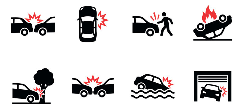Flat icon set of 8 car accident types featuring collision, rollover, flood and pedestrian scenarios for insurance design