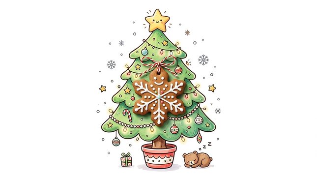 Cozy Sleeping Bear Christmas Tree Illustration