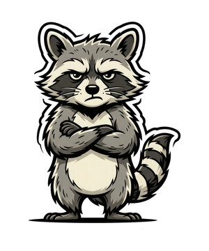 Grumpy raccoon with crossed arms and an angry expression isolated on transparent background. Funny cartoon mascot illustration for sarcasm, attitude, introvert humor, memes, and sticker