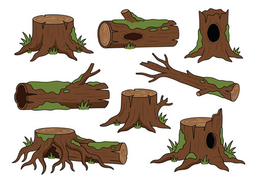 Cartoon icon set of forest wood elements featuring tree stumps, logs and branches with moss for nature design