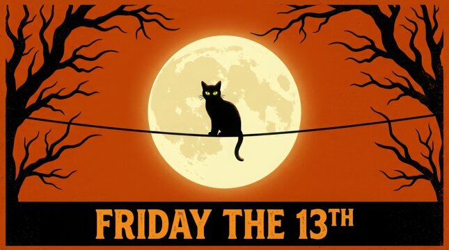 Friday the 13th spooky illustration with black cat and full moon